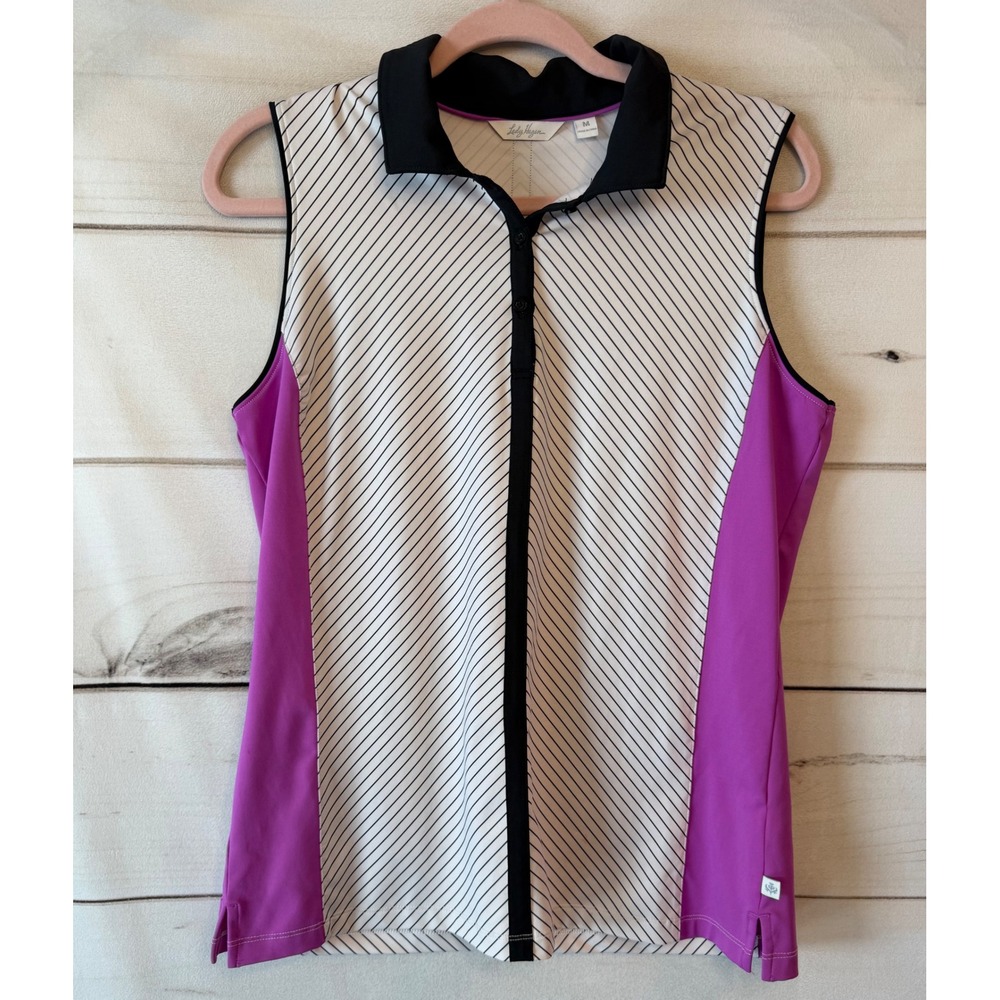 Lady Hagen Womens Sleeveless Golf Polo Shirt Purple Black White Striped Medium